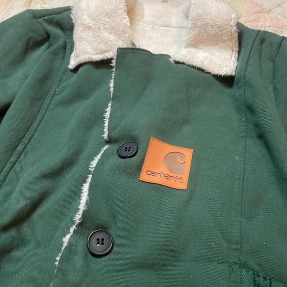 carhartt forrest green lightweight sherpa chore jacket white fur trim size large - Picture 3 of 8
